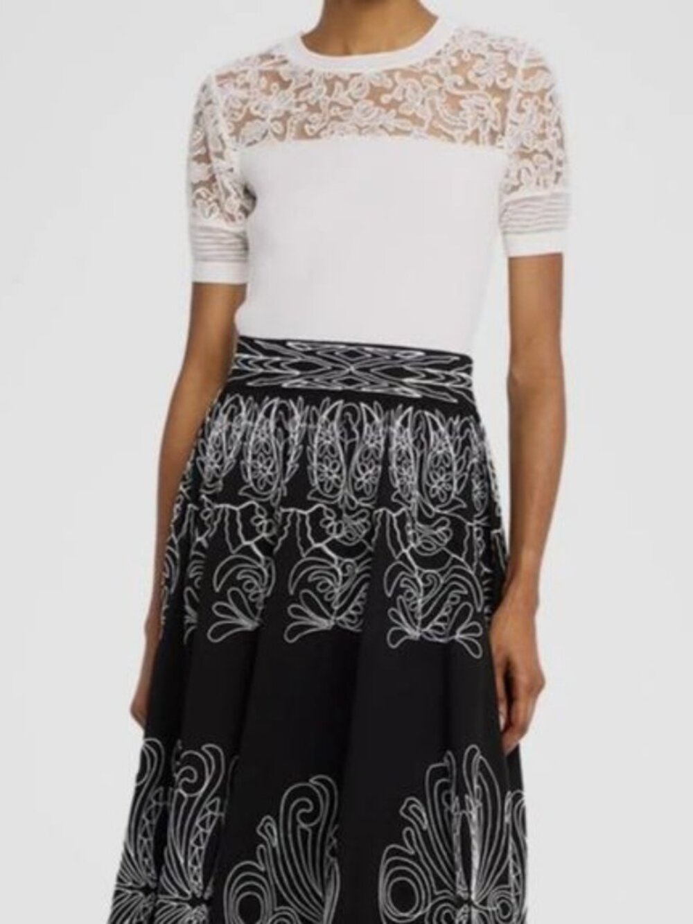 Elie Tahari Women's White Stephanie Ribbed Embroidered-Yoke Top Size M